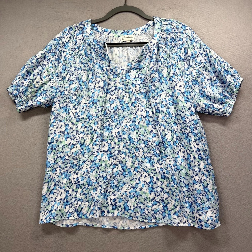 Wonderly Blouse Top Womens Large White Blue Floral Pleated Puff Sleeve Tie Neck